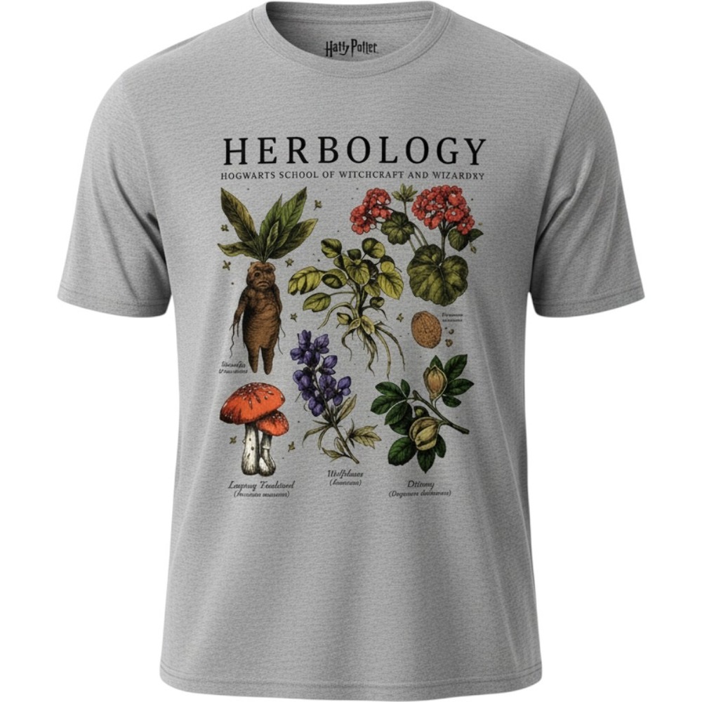 Harry Potter Herbology T-Shirt 2XL Grey Botanical Hogwarts Graphic Cotton Blend